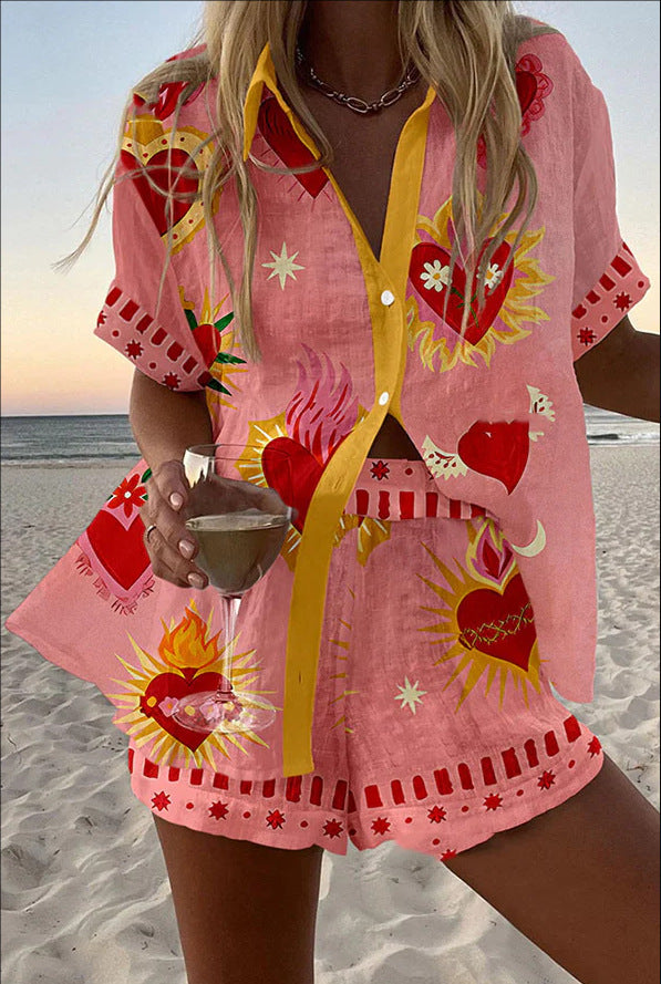 Women's Fashion Printed Casual Vacation Style Cardigan Shorts Suit