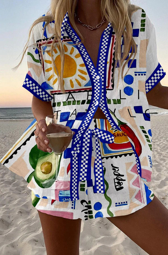 Women's Fashion Printed Casual Vacation Style Cardigan Shorts Suit