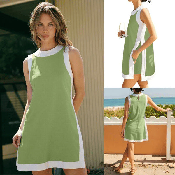 Color-block Crew Neck Sleeveless Top With Shorts