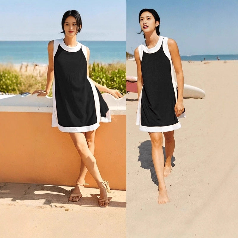 Color-block Crew Neck Sleeveless Top With Shorts