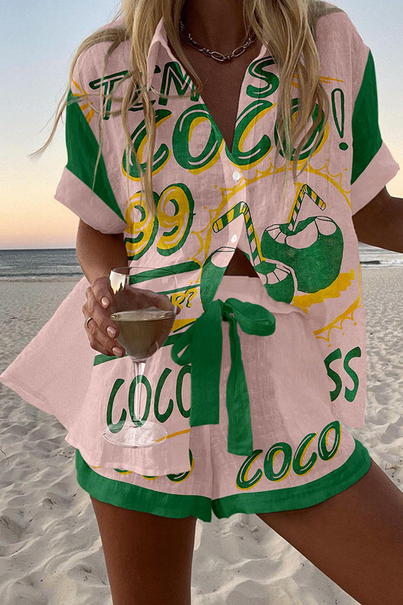 Women's Fashion Printed Casual Vacation Style Cardigan Shorts Suit