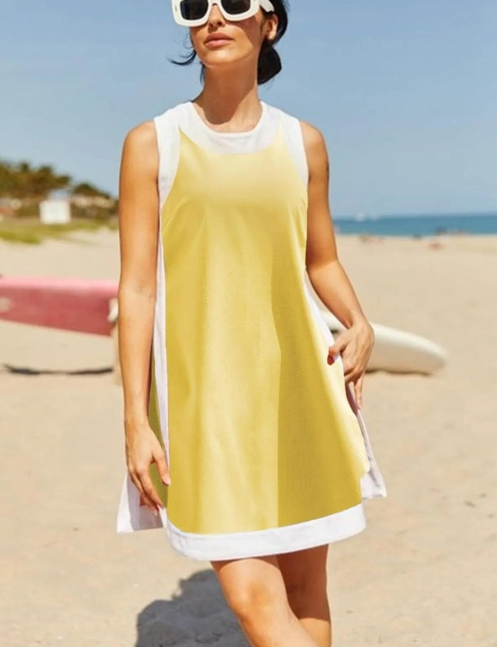 Color-block Crew Neck Sleeveless Top With Shorts