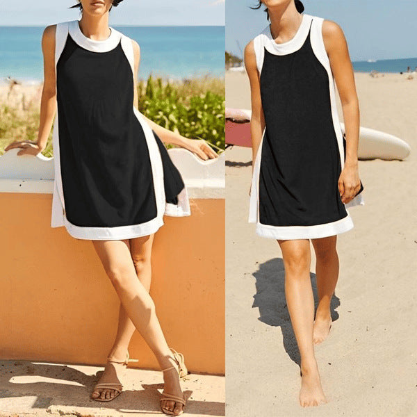 Color-block Crew Neck Sleeveless Top With Shorts