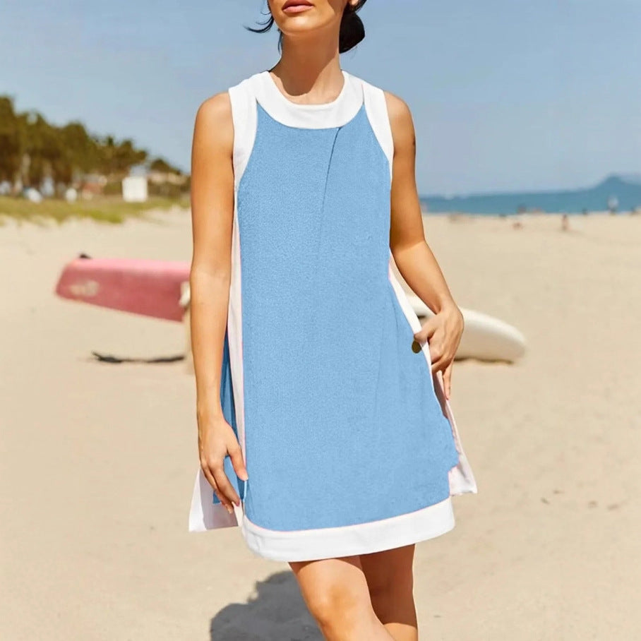 Color-block Crew Neck Sleeveless Top With Shorts